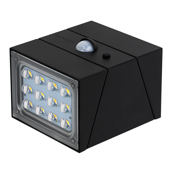 Eckige schwarze LED-Außenwandleuchte mit Bewegungssensor und zwölf Linsen.