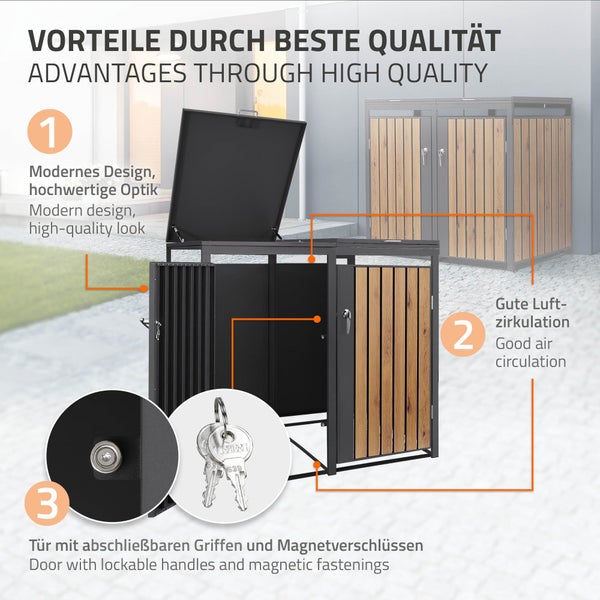 Mülltonnenbox mit Holzlamellen, gute Luftzirkulation, abschließbare Griffe und Magnetverschlüsse.