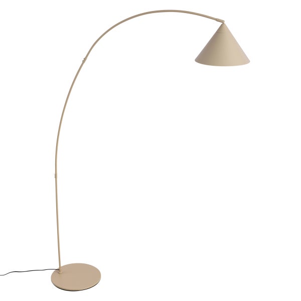 Beige Bogenlampe mit konischem Schirm und rundem Standfuß