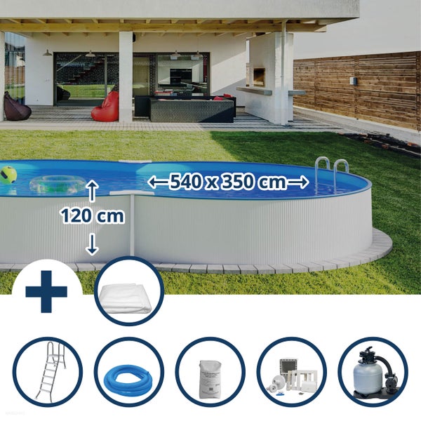 Ovalpool Set mit den Maßen 540 mal 350 Zentimeter und Zubehör wie Poolleiter, Sandfilteranlage und Abdeckplane