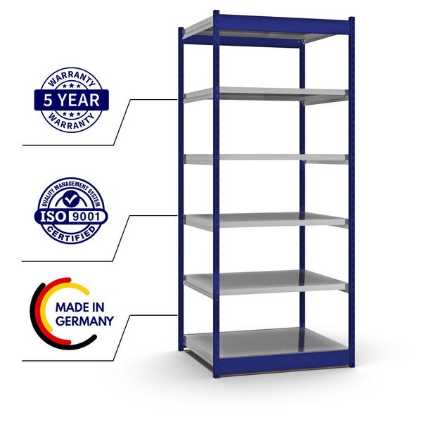 PROREGAL Fachbodenregal Stecksystem Vierkant-Profil Grundregal HxBxT 250 x 102,5 x 80 cm 6 Ebenen Einseitige Bauart Fachlast 200 kg Enzianblau