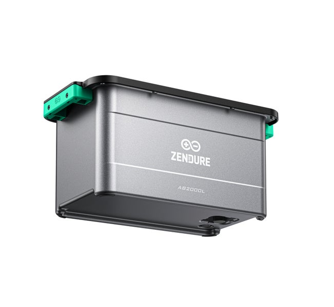 Zendure Zusatzakku AB2000L für Solaranlagen, kompakter grauer Energiespeicher mit Tragegriffen und Zendure Logo.