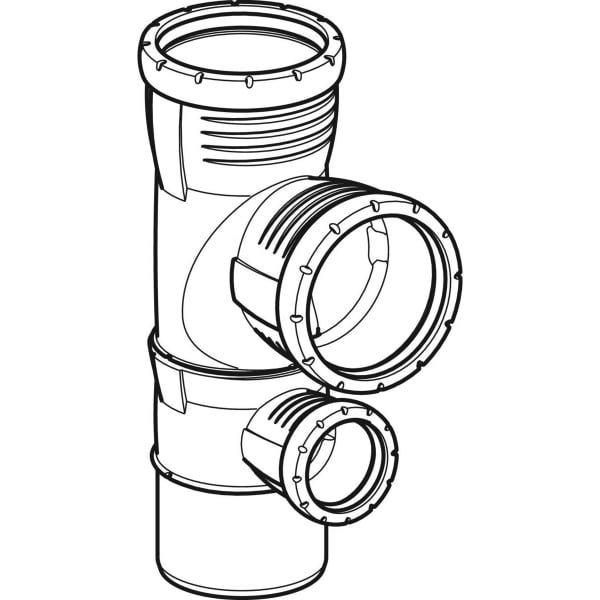 Illustration eines HT-Doppelabzweigs für Abwasserrohre mit zwei seitlichen Anschlüssen und Dichtungsmuffen.
