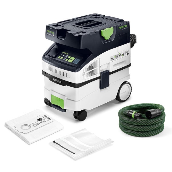 Festool Absaugmobil Cleantec CTM MIDI I AC in Schwarz und Weiß mit grünem Saugschlauch, Filtersack und Entsorgungssack.