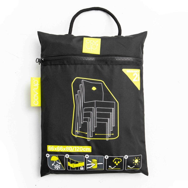 Cov'up Schutzhülle für Stapelstühle, 66 mal 66 mal 80 bis 120 Zentimeter, in schwarzer Tasche mit Reißverschluss, Cov'up Logo und zwei Jahren Garantie.
