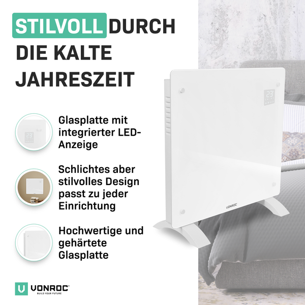 Weiße Glasheizplatte mit LED-Anzeige auf einem Bett. Vonroc Logo