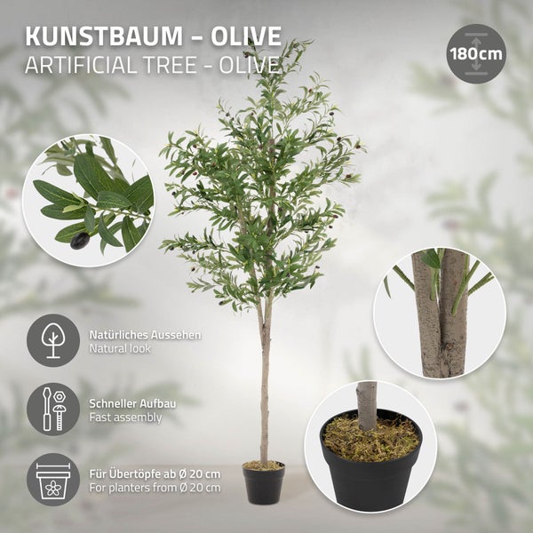 ML-Design Künstlicher Olivenbaum 180 cm, Künstliche Pflanzen groß, Kunstpflanze mit Naturholzstamm und Früchten, Fake Plastikpflanzen im Topf für Indoor Outdoor, Kunstbaum wie echt für Wohnzimmer Büro