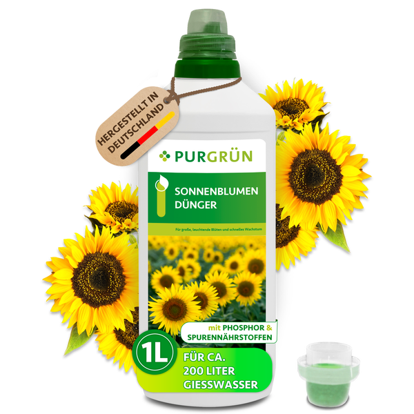 Flasche Purgrün Sonnenblumen Dünger 1 Liter mit Phosphor und Spurennährstoffen für 200 Liter Gießwasser hergestellt in Deutschland