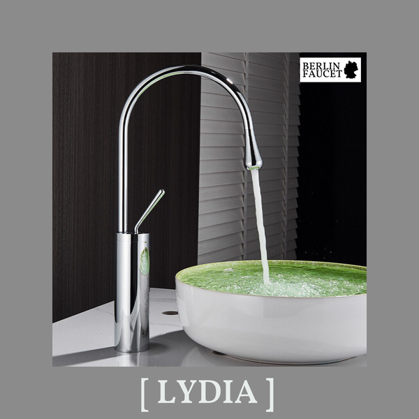 Hohe Waschtischarmatur Lydia mit schwenkbarem Auslauf und Einhebelmischer, Berlin Faucet Logo, in moderner Badezimmerumgebung