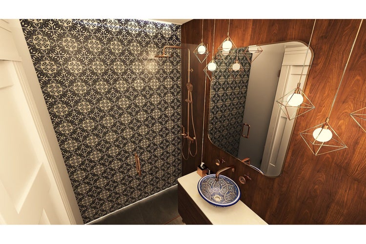 Badezimmer mit Dusche, Waschbecken und Spiegel