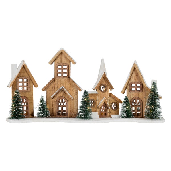 ECD Germany LED Holz Weihnachtsdorf, 56x13x27 cm, 25 LEDs warmweißes Licht, Weihnachtsdekoration, Winterdorf batteriebetrieben (2xAA), Weihnachtsstadt, Deko Häuser, Weihnachtsszene mit Beleuchtung