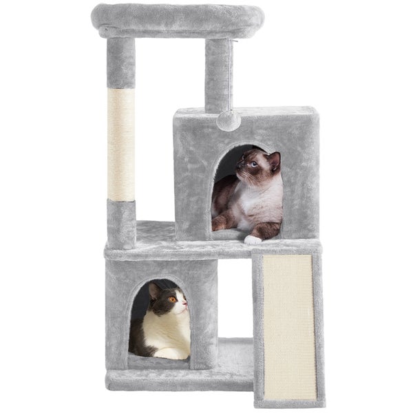 Grauer Kratzbaum mit zwei Katzen