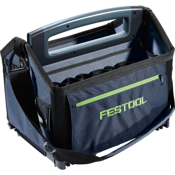 Eine Person transportiert eine Festool Werkzeugtasche auf einem fahrbaren Festool Cleantec Absaugmobil in einer hellen, organisierten Umgebung.
