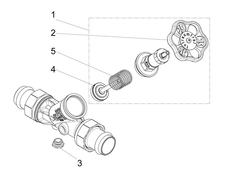 Explosionszeichnung eines Wasserventils mit nummerierten Komponenten wie Handgriff, Feder und Dichtung für die Sanitärinstallation.