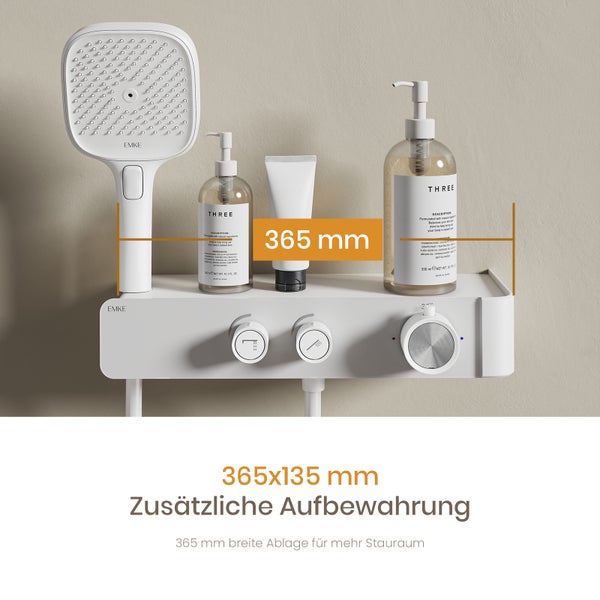 EMKE Duschsystem mit Thermostat, Duschsystem Weiß, mit 3 Strahlarten Handbrause, höhenverstellbarer Aluminium-Schiene, Duscharmatur Komplettset