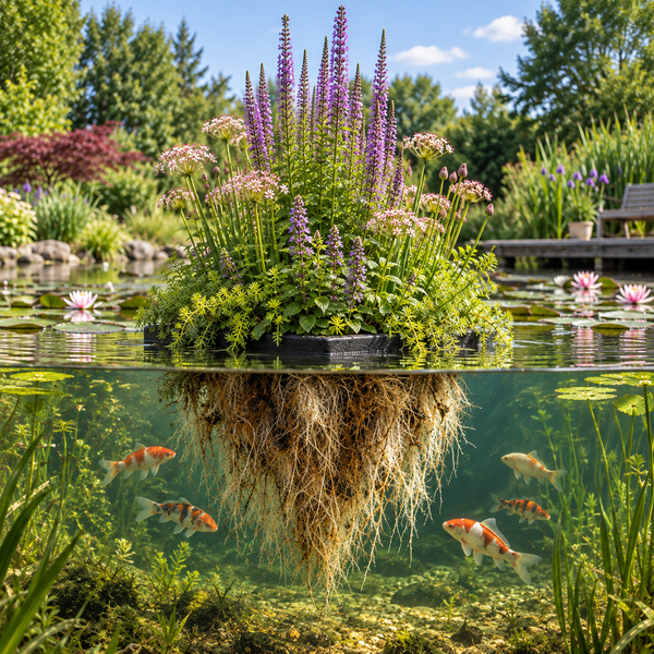 Schwimmende Pflanzinsel für Gartenteiche mit blühenden Pflanzen und sichtbaren Wurzeln im Wasser mit Koi Fischen.
