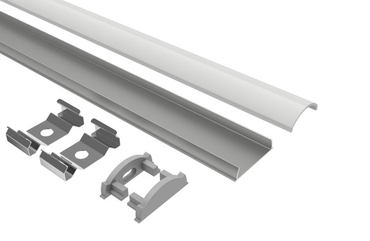 TIVENDIS Led Alu Profil 2 m BD Komplett Set für Strip / Streifen bis 12 mm breit | Abdeckung satiniert milchig, Endkappen, Befestigungclips | U-Form Aufputz Deckenleiste Wandprofil eloxiert