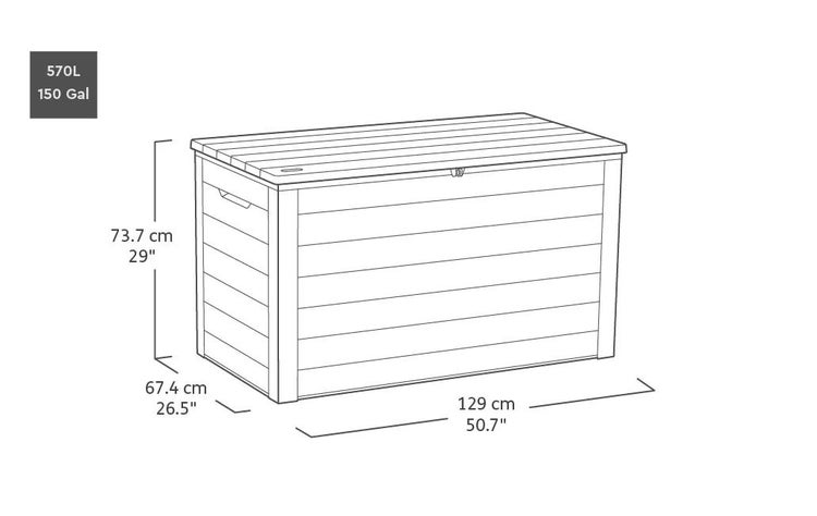 Maßzeichnung einer Gartenbox mit 570 Liter Fassungsvermögen. Maße: 129 Zentimeter Breite, 73,7 Zentimeter Höhe und 67,4 Zentimeter Tiefe.