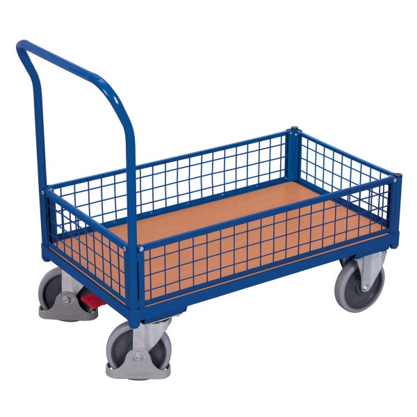 Blauer Gitterwagen mit Holzboden und Rädern