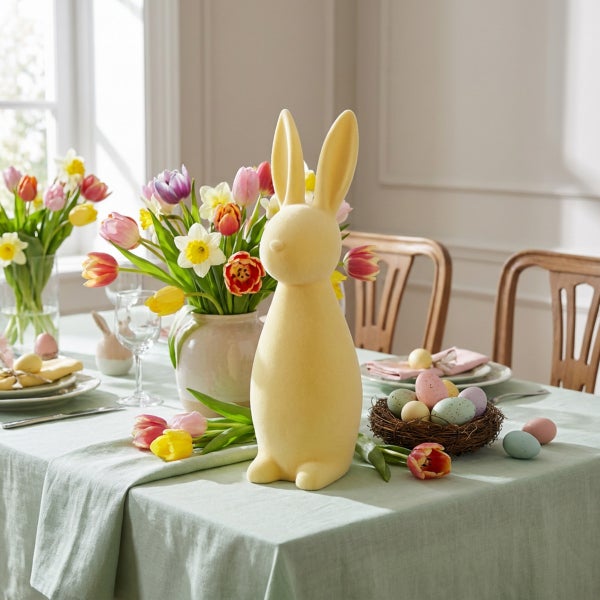 Osterhasen Dekofigur aus beflocktem Material auf einem festlich gedeckten Esstisch mit Tulpenstrauß und Ostereiern.