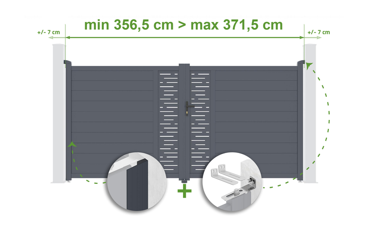 Doppeltor aus Aluminium mit Breitenangaben und Detailansichten der Montage