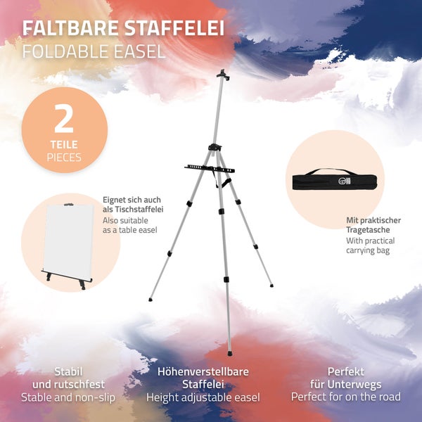 ECD Germany Staffelei, Atelierstaffelei aus Aluminium, Silber, Höhenverstellbar von 50-156 cm, Stabil und Ultraleicht, Faltbare Tischstaffelei für Leinwände bis 80 cm, Feldstaffelei mit Tragetasche