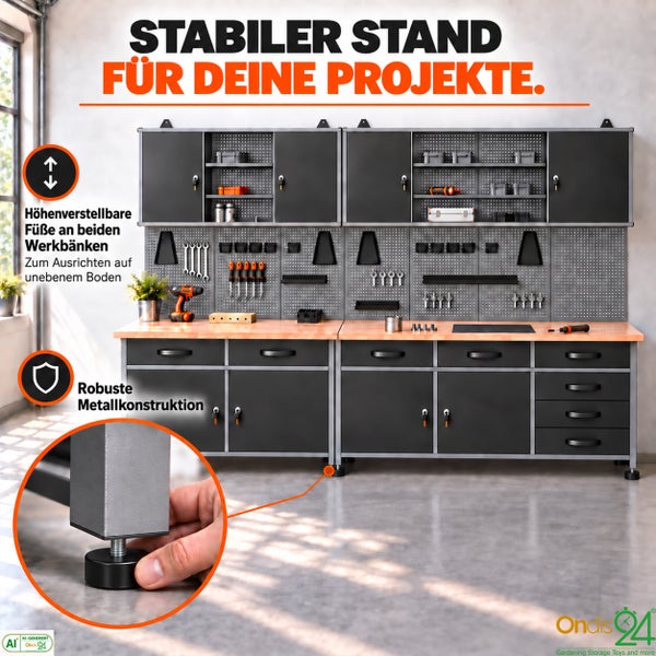Werkbank mit Lochwand und Schränken aus Metall mit höhenverstellbaren Füßen für einen stabilen Stand in der Werkstatt.