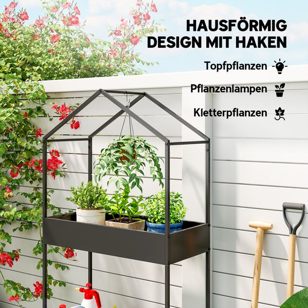 Hausförmiges Hochbeet aus Metall mit Haken für Hängepflanzen, geeignet für Topfpflanzen und Kletterpflanzen im Garten.