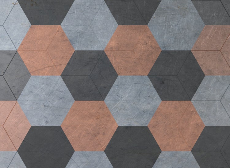 Wand- und Bodenfliese mit Hexagonal-Muster und Kratzspuren im industriellen Vintage-Stil.