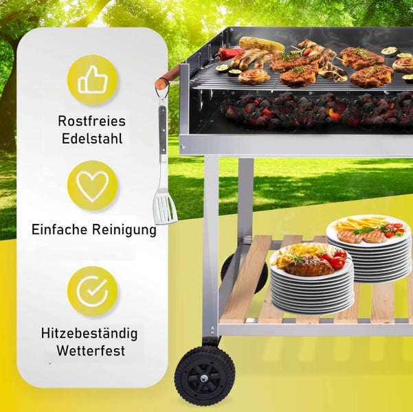 RESCH 502599 Edelstahl Grillwagen – 145 x 90 x 60 cm, Holzkohle-Grill für 10 Personen, Großer fahrbarer Standgrill für Garten, Balkon, Terrasse & Camping