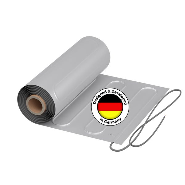 Elektrische Fußbodenheizung teilweise aufgerollt mit Siegel Designed and Developed in Germany