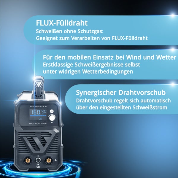 STAHLWERK Flux 160 ST Digital Schweißgerät mit den Vorteilen des Fülldrahtschweißens.