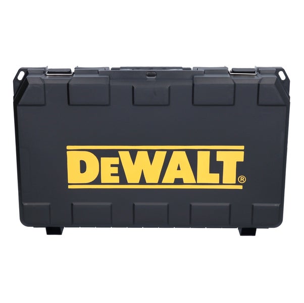 DeWALT Werkzeugkoffer aus schwarzem Kunststoff mit gelbem DeWALT Logo auf der Vorderseite.