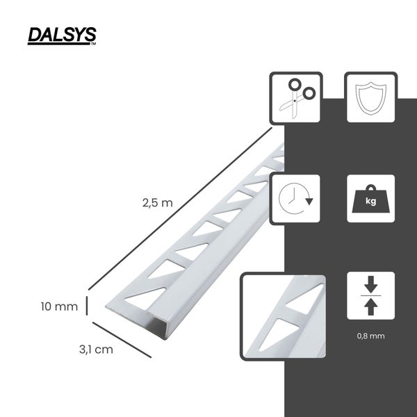 DALSYS Logo. Fliesenschiene, 2,5 Meter lang, 10 Millimeter hoch, 0,8 Millimeter dick. Symbole für zuschneidbar, Schutz und Zeitersparnis.