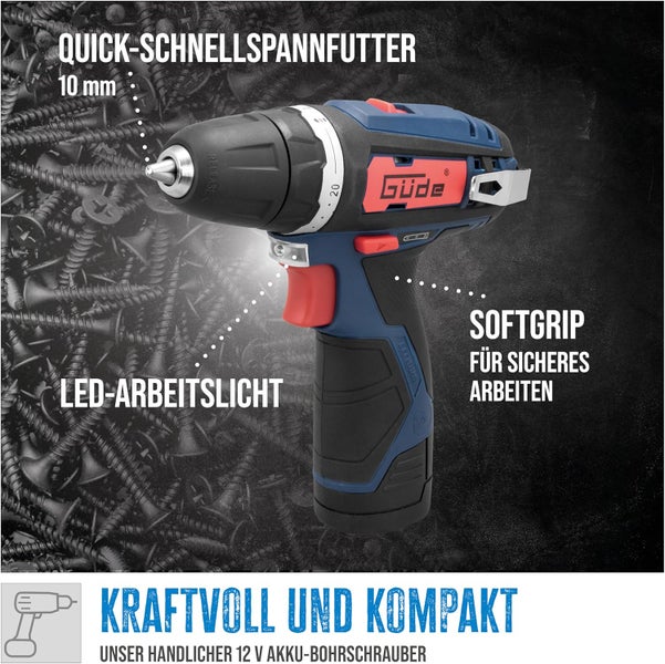 Güde 12 Volt Akku-Bohrschrauber mit 10 Millimeter Schnellspannfutter, LED-Arbeitslicht und Softgrip für sicheres Arbeiten.
