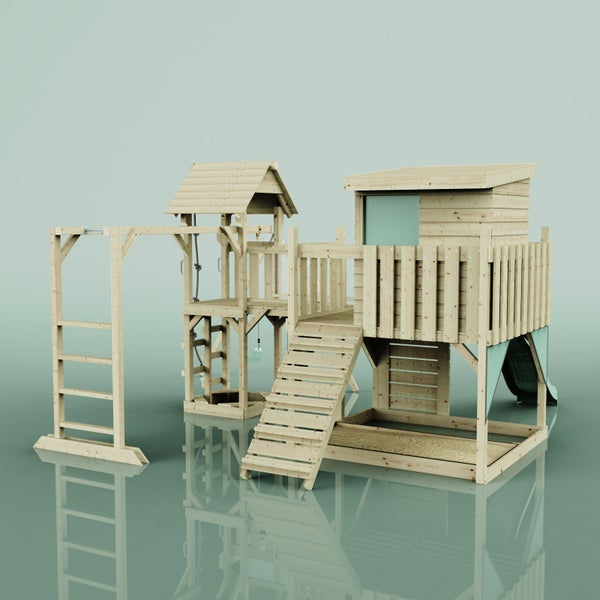 Holzspielplatz mit Rutsche, Klettergerüst und Sandkasten