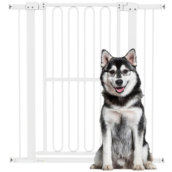 PawHut Türschutzgitter Hund, 76-104 cm Absperrgitter ohne Bohren, Treppengitter aus Stahl, Treppenschutzgitter, Schutzgitter, Sicherheitsgitter für Treppen, Tür, Flur, Weiß