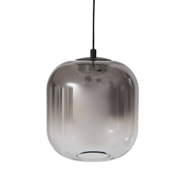 Hängeleuchte mit abgerundetem Lampenschirm aus Rauchglas und schwarzer Kabelaufhängung.
