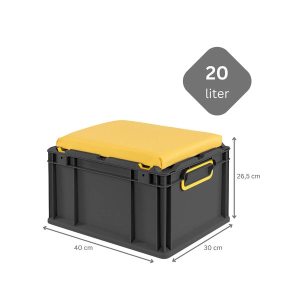Graue Aufbewahrungsbox mit gelbem Sitzkissen und den Maßen 40 cm x 30 cm x 26,5 cm, Fassungsvermögen 20 Liter