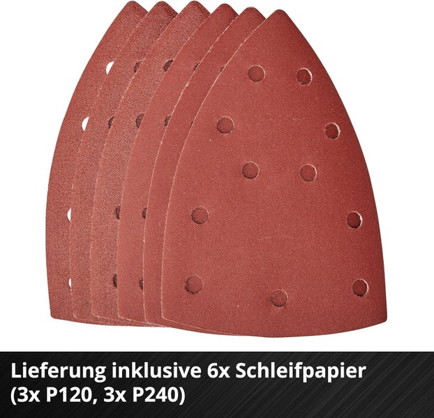 Set mit 6 dreieckigen Schleifblättern für Deltaschleifer, bestehend aus 3 Stück Körnung 120 und 3 Stück Körnung 240, gelocht.
