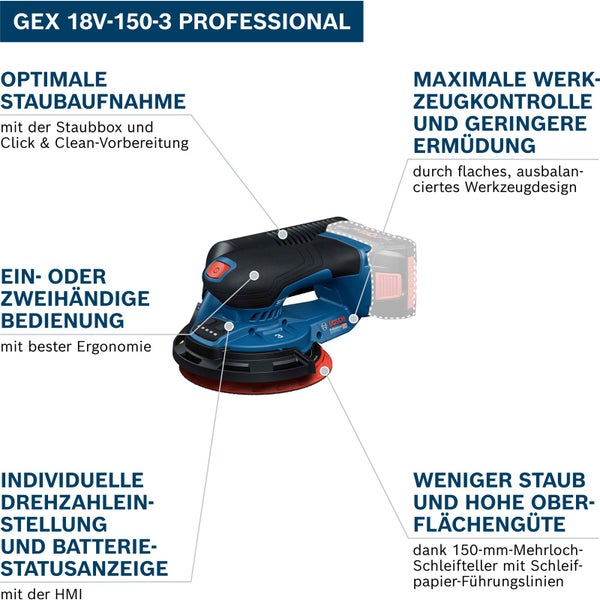 Bosch GEX 18V-150-3 Professional Akku-Exzenterschleifer mit technischen Daten