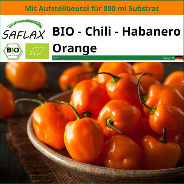 SAFLAX Garden in the bag - BIO - Chili - Habanero Orange - Capsicum annuum - 20 Samen - Mit Anzuchtsubstrat im praktischen, selbst aufstellenden Beutel