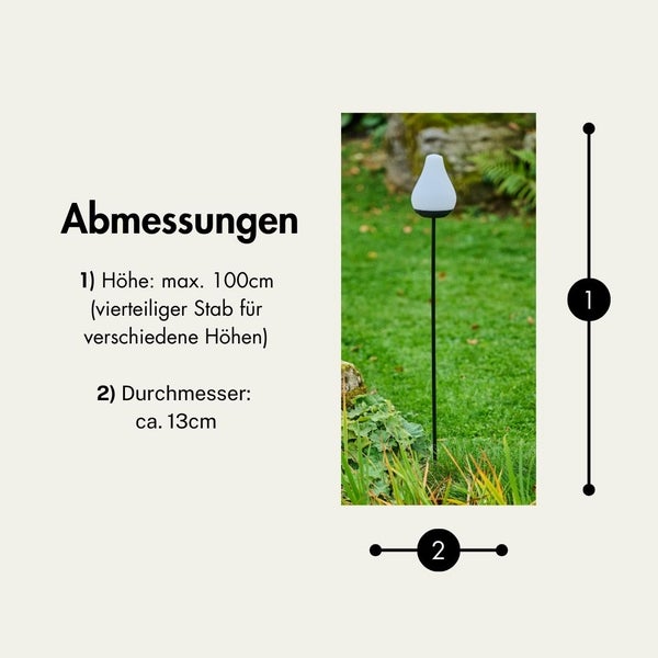 Abmessungen einer Gartenleuchte: maximale Höhe 100 cm, Durchmesser circa 13 cm