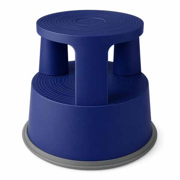 Rollhocker aus blauem Kunststoff, zweistufige Tritthilfe mit Rillenprofil und Gummirand.
