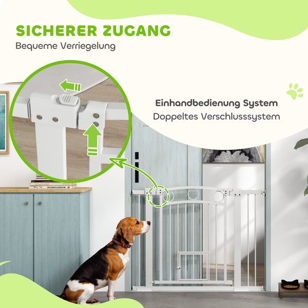 PawHut Türschutzgitter Hund, 76-104 cm Absperrgitter ohne Bohren, Treppengitter aus Stahl, Treppenschutzgitter mit Katzentür, Schutzgitter, Sicherheitsgitter für Treppen, Tür, Flur, Weiß