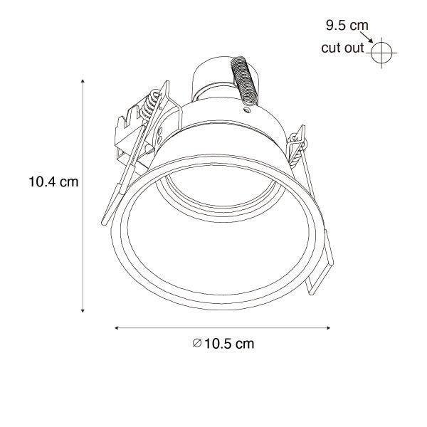 Technische Zeichnung eines Einbaustrahlers mit Maßen: Höhe 10,4 Zentimeter, Durchmesser 10,5 Zentimeter, Lochausschnitt 9,5 Zentimeter.