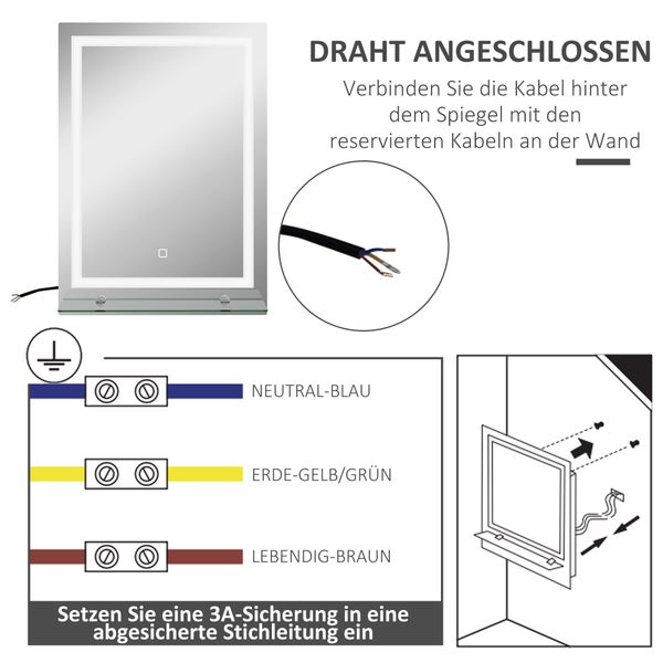 Montageanleitung für einen LED-Badezimmerspiegel mit Diagramm zum Kabelanschluss von Neutralleiter, Erdung und Phase sowie Skizze zur Wandmontage.