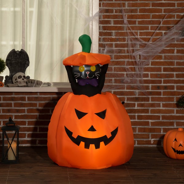 Outsunny 91-115 cm Aufblasbar Kürbisgeist mit beweglicher Katze Halloweendekorationen Halloween Deko Helloween-Gartendeko mit LED Lichter Wasserdicht für Indoor Outdoor Hof Rasen Haus Halloween Party