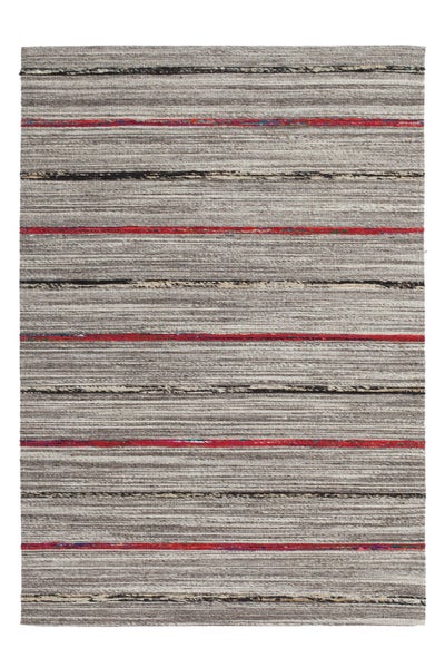 Gewebter Teppich mit horizontalem Streifenmuster in Grau, Schwarz und Rot.