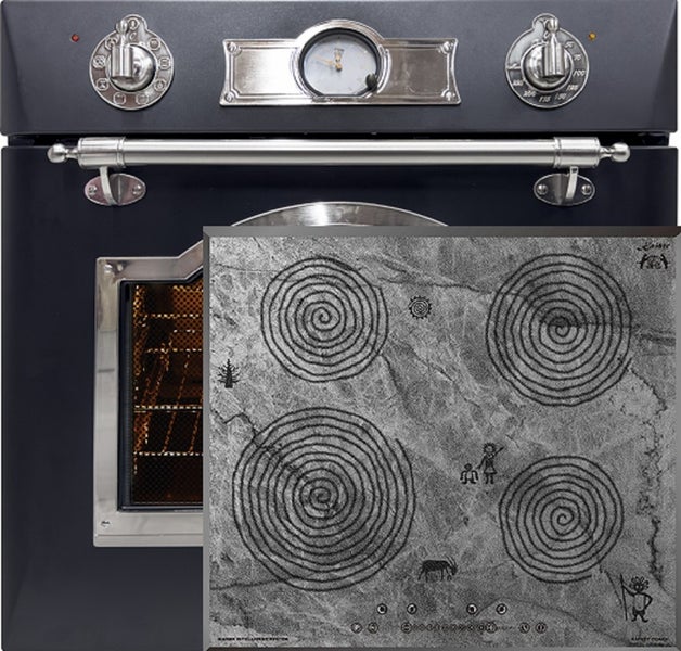 Einbau Backofen im Retro Design mit Induktionskochfeld mit Felszeichnungs Motiven